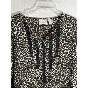 Chicos Leopard Cheetah Brown Black Sz 1 Split Neckline Roll Tab Woman’s Blouse
